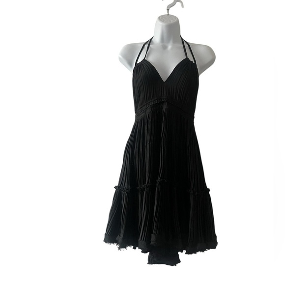 Black Halter Ruffle Mini Dress Small • Open Back • Fairycore Coachella Flowy Tie - Picture 3 of 14